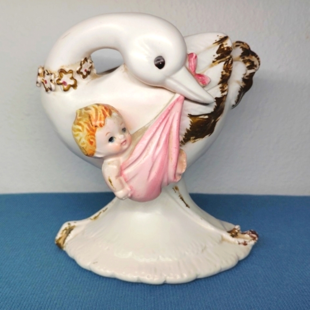 Lefton Porcelain Vase Baby Girl Planter Container Bird 1963 Vintage #1789 Pink - Picture 2 of 15